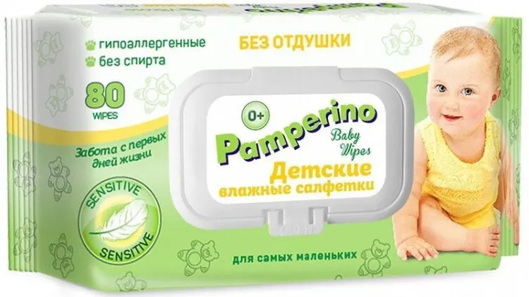 Салфетки влажные детские Pamperino без отдушки, салфетки гигиенические, с клапаном, 80 шт.