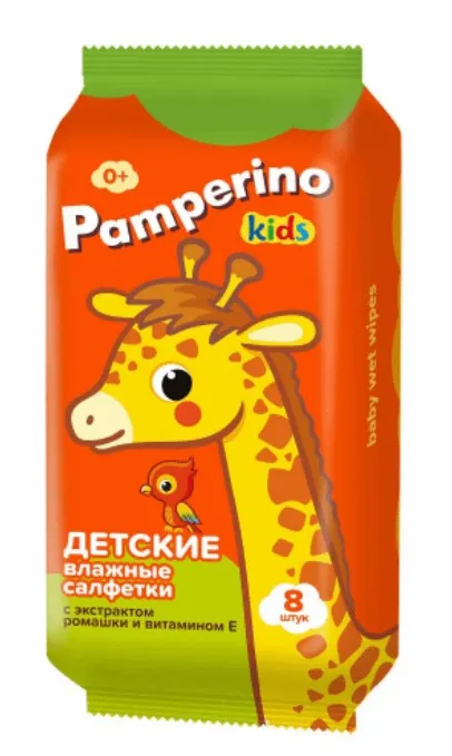 Pamperino Kids Салфетки влажные детские, с экстрактом ромашки и витамином E, 8 шт.