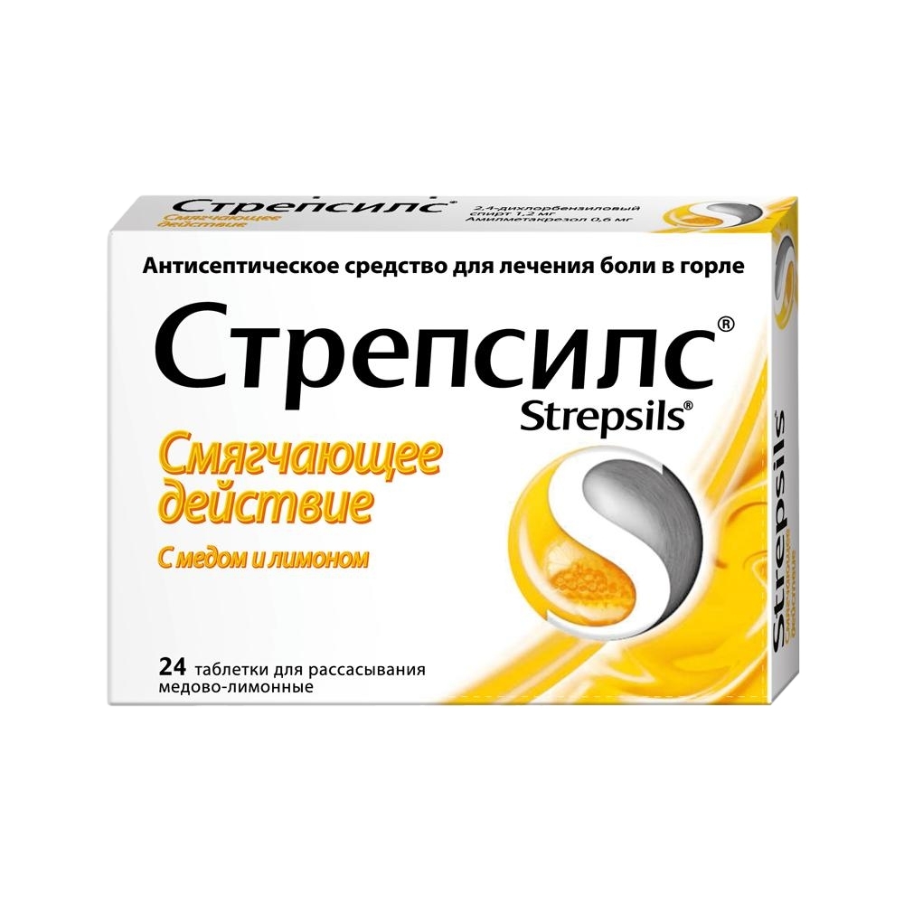 Стрепсилс тб д/рссв лимон/мед вкус 0.6мг+1.2мг с 6лет №24