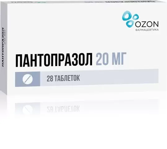 Пантопразол, 20 мг, таблетки, покрытые кишечнорастворимой оболочкой, 28 шт., Озон