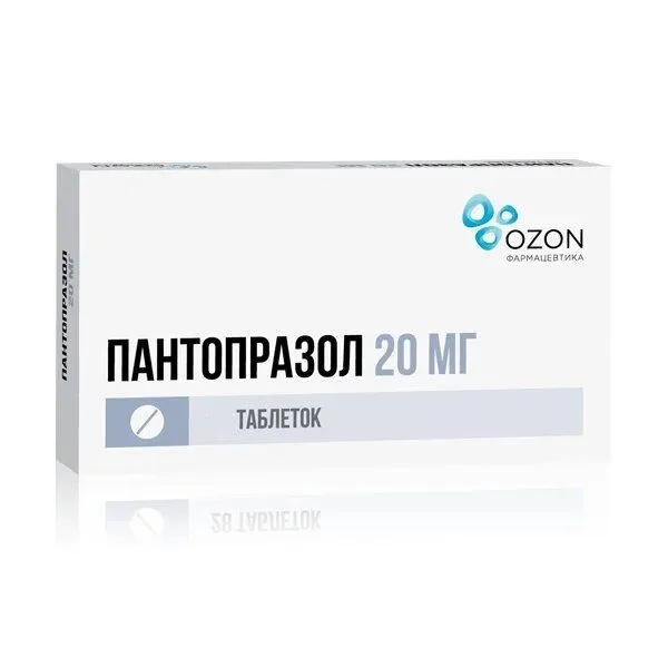 Пантопразол, 20 мг, таблетки, покрытые кишечнорастворимой оболочкой, 56 шт., Озон