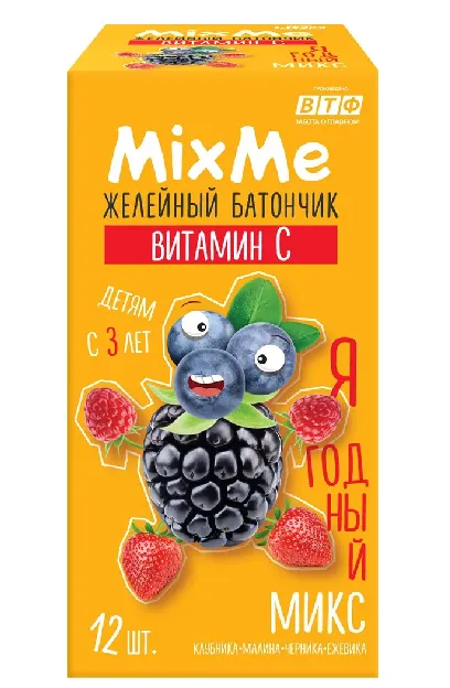 MixMe Витамин С Ягодный микс батончик желейный, 50 мг, батончик желейный, клубника малина черника ежевика, 13 г, 12 шт.