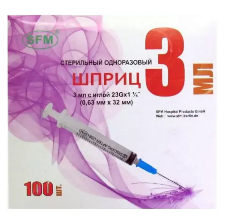 SF Medical Шприц стерильный трехкомпонентный, 3 мл, 23g (0,6 x 30 мм), 100 шт.