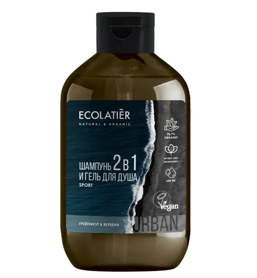 Ecolatier Мужской гель для душа и шампунь 2 в 1, гель, грейпфрут и вербена, 600 мл, 1 шт.