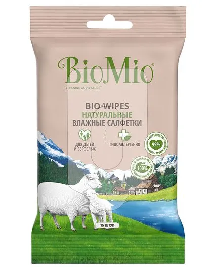 BioMio Bio-Wipes Салфетки влажные натуральные, с экстрактом хлопка, 15 шт.