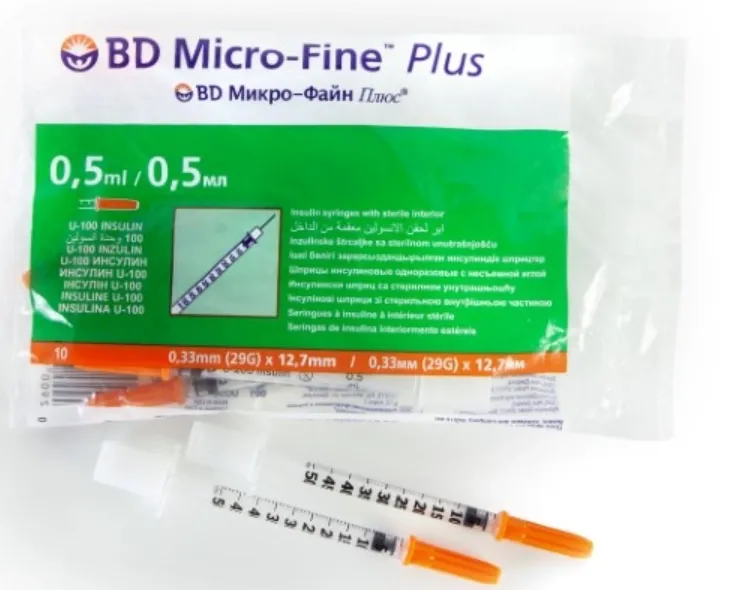 Шприц инсулиновый одноразовый BD Micro-Fine Plus U-100, 0.5 мл, 29 G (0,33x12,7), 10 шт.