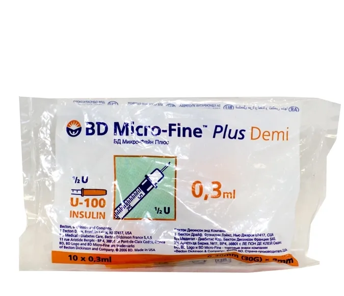 Шприц инсулиновый с несъемной иглой BD Micro-Fine Plus Demi U-100, 0.3 мл, 30G(0.30x8)мм, 10 шт.