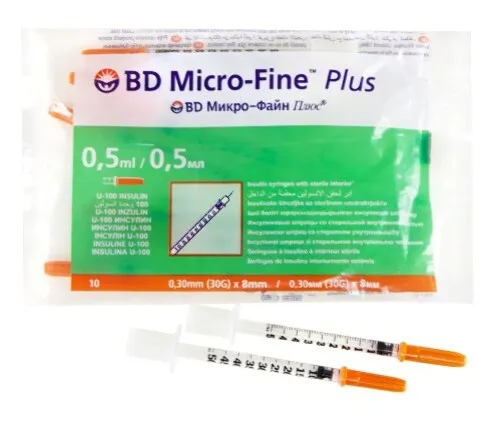 Шприц инсулиновый BD Micro-Fine Plus U-100, 0.5 мл, 30G(0.30х8)мм, шприц в комплекте с иглой, 10 шт.