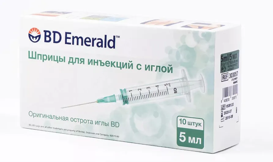 Шприц трехкомпонентный инъекционный одноразовый BD Emerald, 0.8х40(21G).5мл (303057), зеленого цвета, 10 шт.