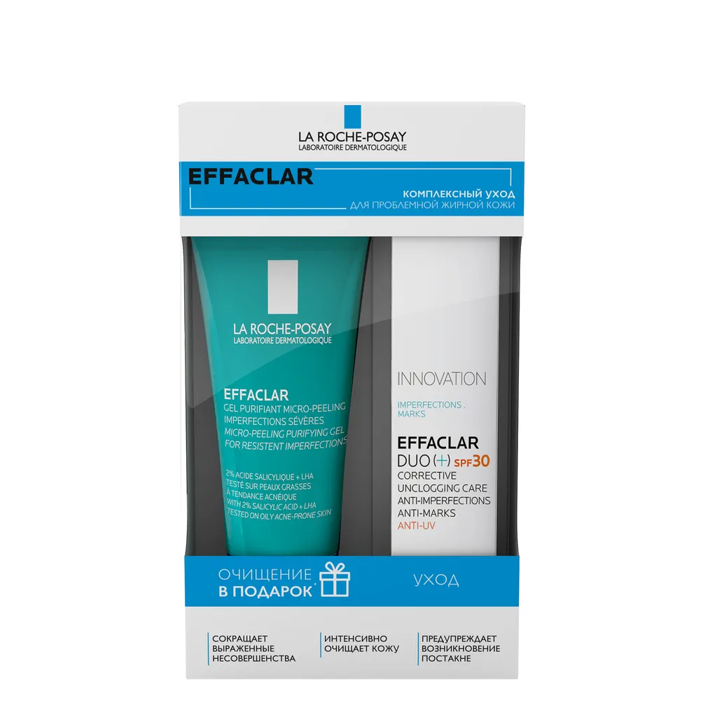 La Roche-Posay Набор Effaclar, набор, Крем-гель корректирующий SPF30 40мл + Гель микроотшелушивающий 50 мл, 1 шт.