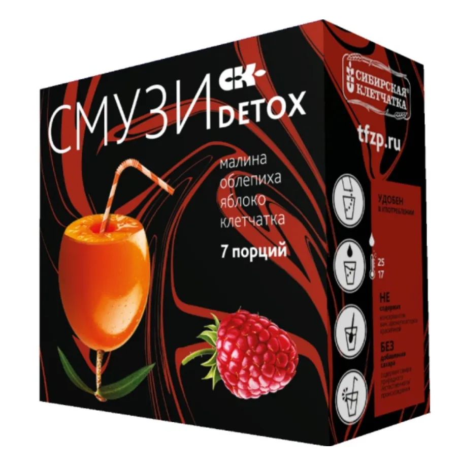 Сибирская клетчатка Смузи DETOX, малина, облепиха, яблоко, 12 г, 7 шт.