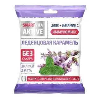 Леденцовая карамель с витамином С Smartvita, леденцы без сахара, мята и шалфей, 60 г, 1 шт.