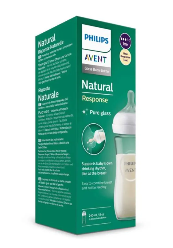 Philips Avent Anti-colic Бутылочка из стекла Natural Response, 1 +, SCY933/01, бутылочка для кормления, средний поток, 240 мл, 1 шт.