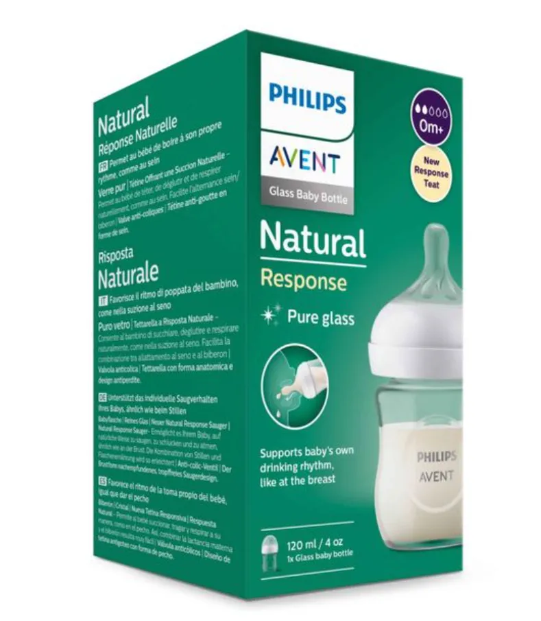 Philips Avent Anti-colic Бутылочка из стекла Natural Response, 0+, SCY930/01, бутылочка для кормления, медленный поток, 120 мл, 1 шт.