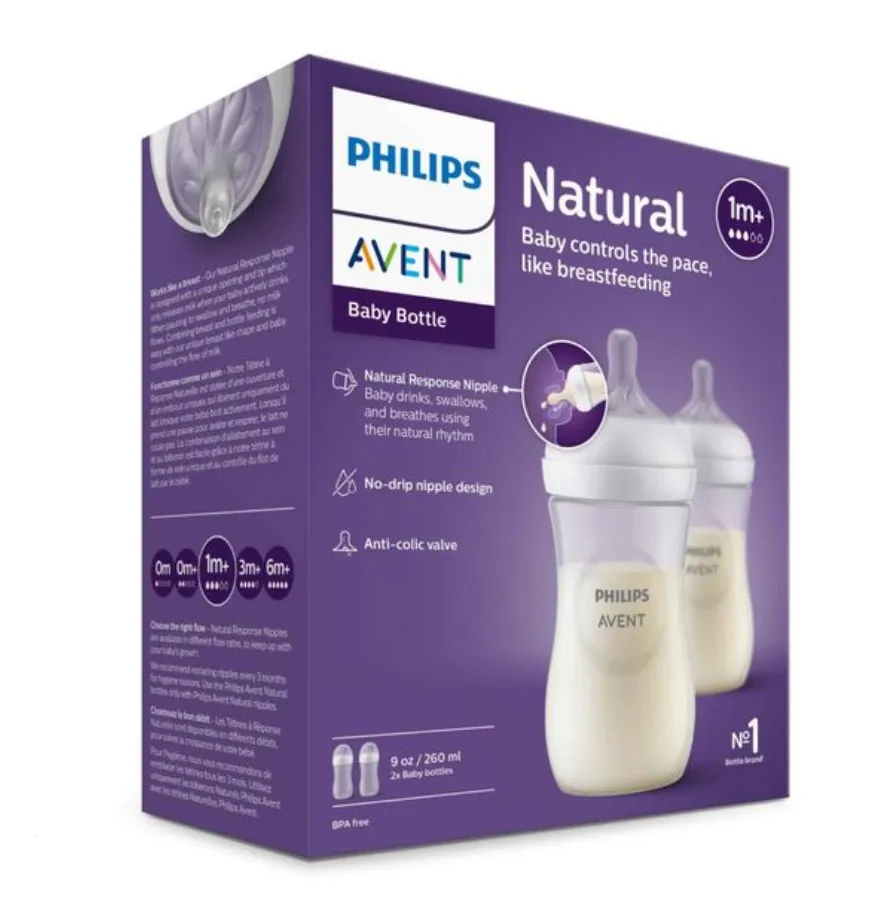 Philips Avent Бутылочка с силиконовой соской Natural Response 1m+, 1 +, SCY903/02, бутылочка для кормления, средний поток, 260 мл, 2 шт.