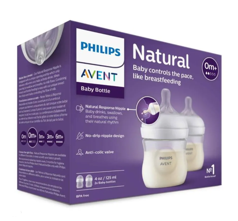 Philips Avent Бутылочка с силиконовой соской Natural Response, 0+, SCY900/02, бутылочка для кормления, медленный поток, 125 мл, 2 шт.