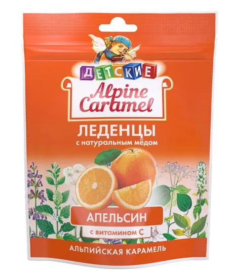 Alpine Caramel Леденцы с медом и витамином С детские, со вкусом апельсина, 75 г, 1 шт.