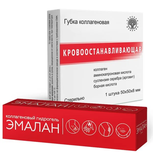 Набор Губка коллагеновая + Гидрогель Эмалан, Губка 50х50х8мм + Гидрогель 25г, 1 шт.