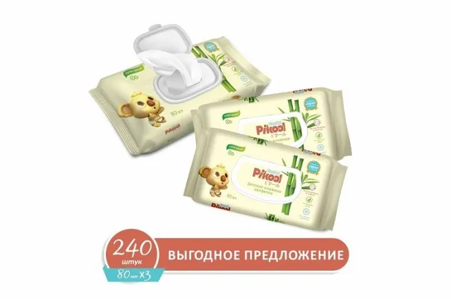 Pikool Comfort Салфетки влажные детские, алоэ вера-календула, 3 упаковки, 80 шт.