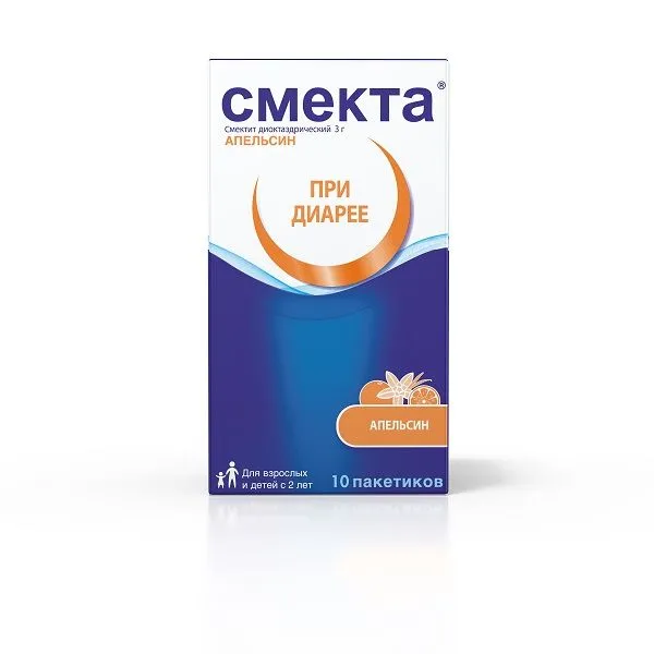 Смекта, 3 г, порошок для приготовления суспензии для приема внутрь, со вкусом или ароматом апельсина, 3.76 г, 10 шт.