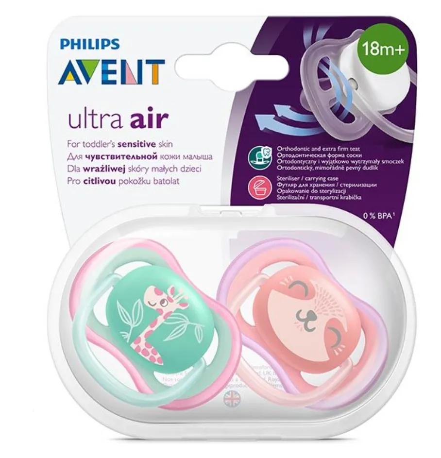 Соски-пустышки Philips Avent Ultra Air, SCF349/12, для детей с 18 месяцев, соска-пустышка, силиконовая с футляром, 2 шт.