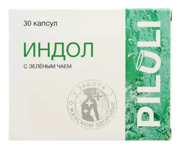 Piluli Индол с зеленым чаем, капсулы, нормализация женской репродуктивной системы и состояния молочной железы, 30 шт.