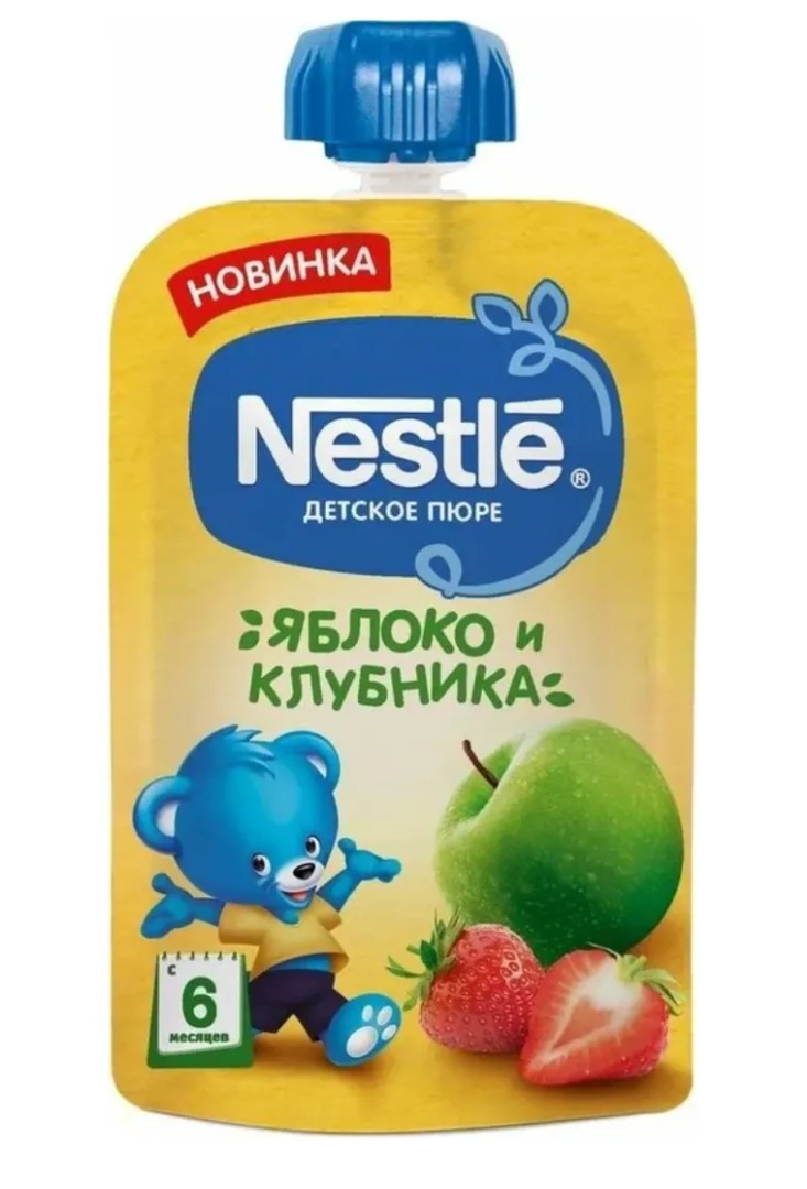 Nestle Фруктовое пюре Яблоко, клубника, для детей с 6 месяцев, пюре, 90 г, 1 шт.