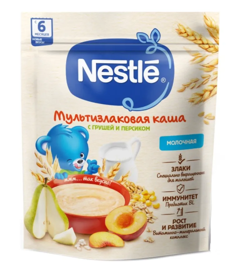 Nestle Каша молочная мультизлаковая, для детей с 6 месяцев, каша детская молочная, с грушей и персиком, 200 г, 1 шт.