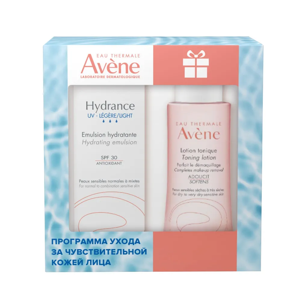 Avene Набор Программа ухода за чувствительной кожей лица, набор, Лосьон мягкий тонизирующий 100мл + Эмульсия для лица SPF30 Hydrance UV Legere 40мл, 1 шт.