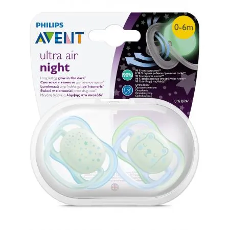 Avent Ultra Air Пустышка ночная для мальчиков 0-6 мес №2, 0-6 месяцев, SCF376/11, из силикона, с футляром, 2 шт.