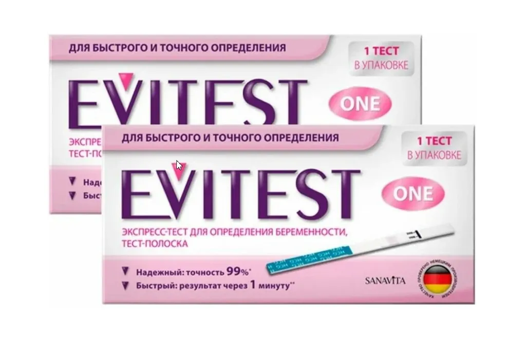 Evitest one Тест на беременность, тест-полоска, комбиупаковка 1+1, 1 шт.