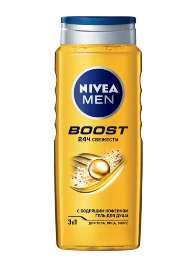 Nivea Boost Men Гель для душа для тела, лица, волос, шампунь-гель 3 в 1, с бодрящим кофеином, 500 мл, 1 шт.