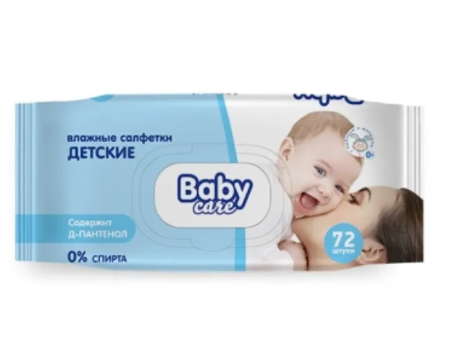 Baby Care Влажные салфетки для детской гигиены, салфетки влажные, с пантенолом, 72 шт.