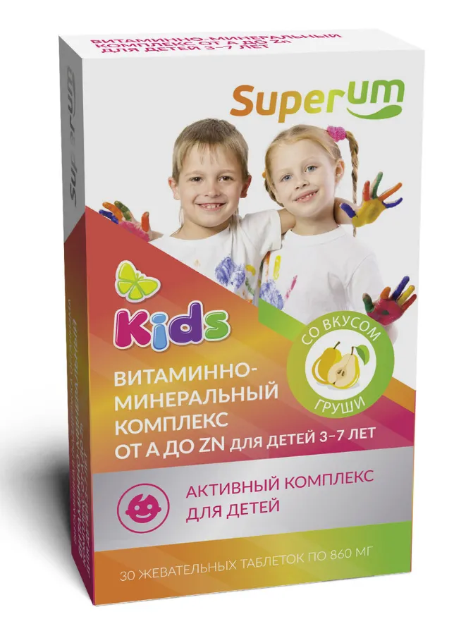 Superum Витаминно-минеральный комплекс А до Цинка, для детей с 3 до 7 лет, таблетки жевательные, со вкусом груши, 30 шт.