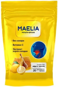 Maelia Мульти-Бронх Мед и лимон, пастилки, без сахара, 20 шт.