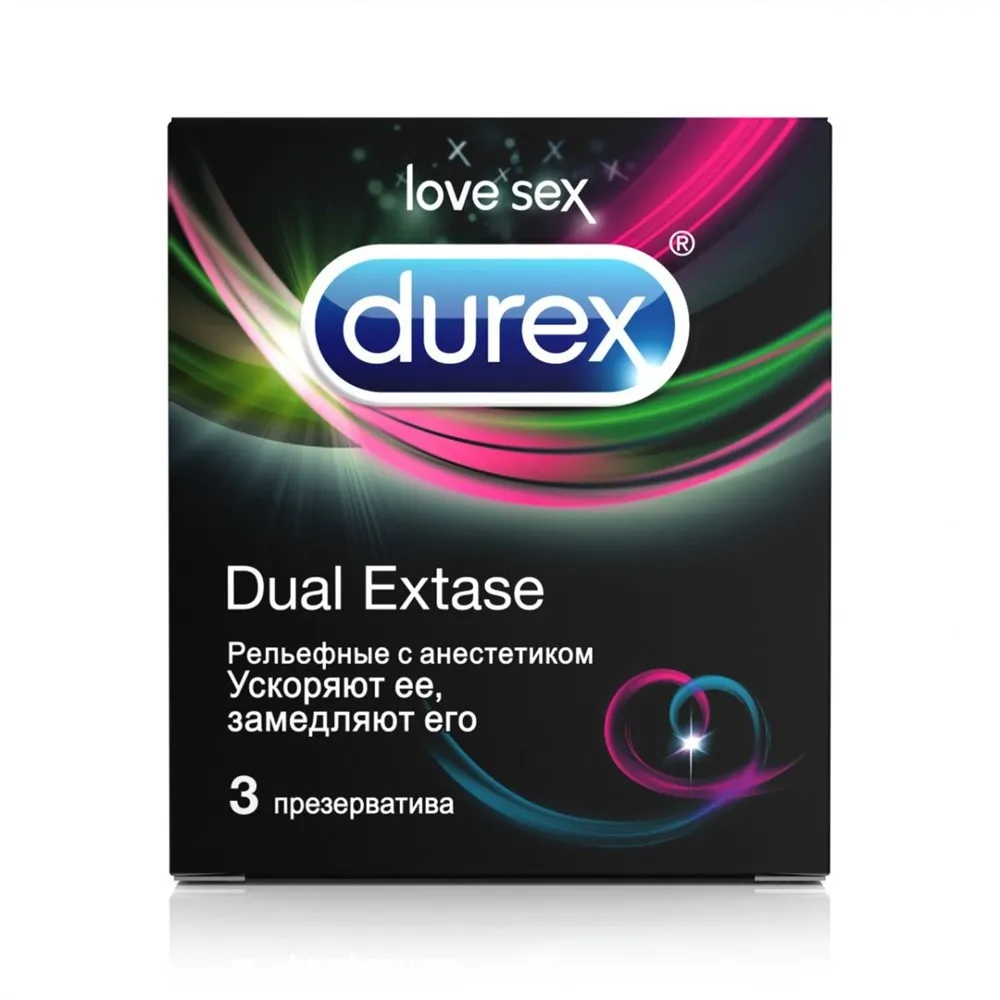 Презервативы Durex Dual Extase, презерватив, рельефные с анестетиком, 3 шт.