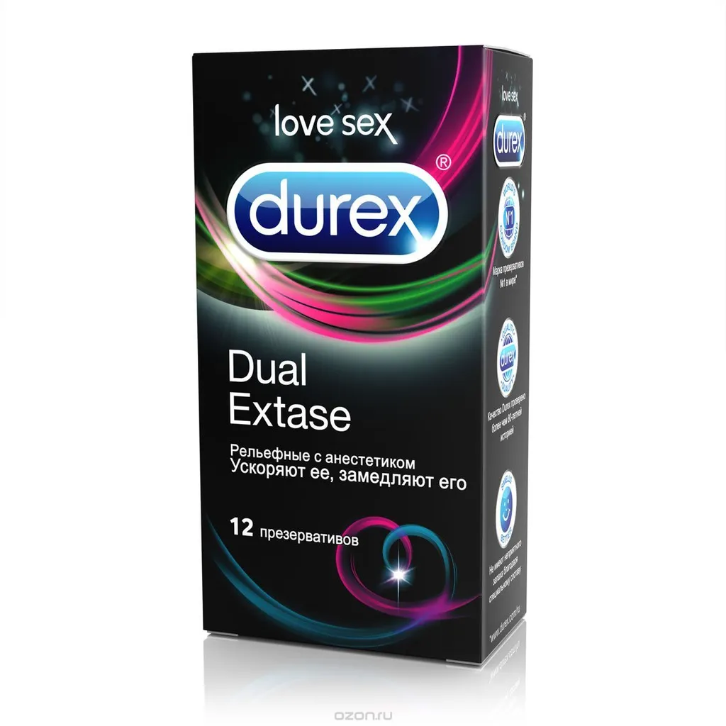 Презервативы Durex Dual Extase, презерватив, рельефные с анестетиком, 12 шт.