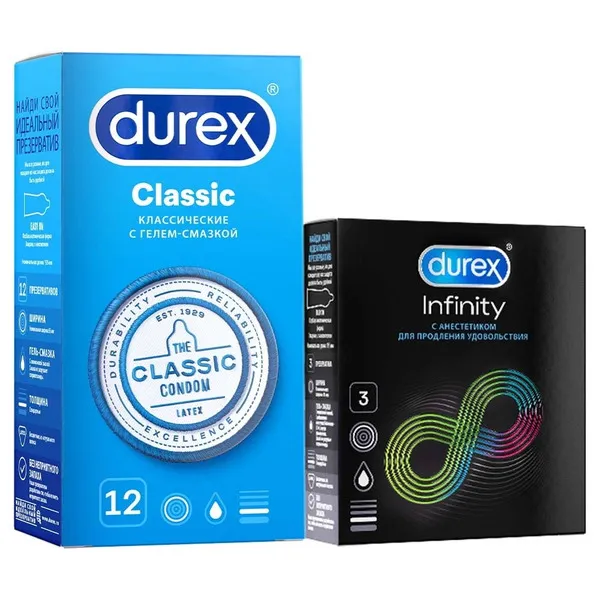 Презервативы Durex Набор, Classic 12 шт + Infinity 3 шт с анестетиком, 1 шт.