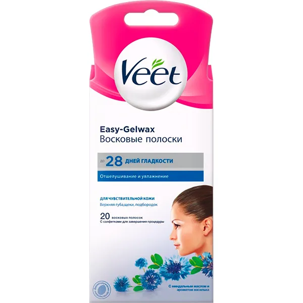 Veet Easy-Gelwax Полоски восковые для чувствительной кожи, полоски восковые, для лица, 20 шт.