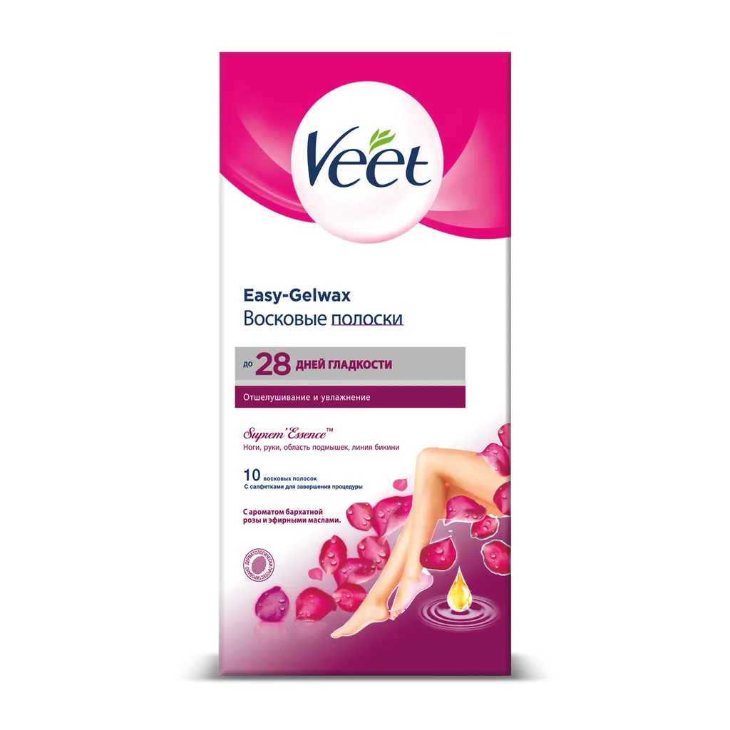 Veet Полоски восковые Бархатная роза и эфирные масла, полоски восковые, 10 шт.