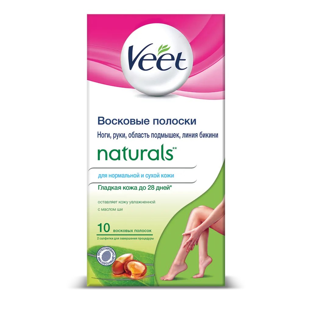 Veet Naturals полоски восковые с маслом ши, полоски восковые, 10 шт.