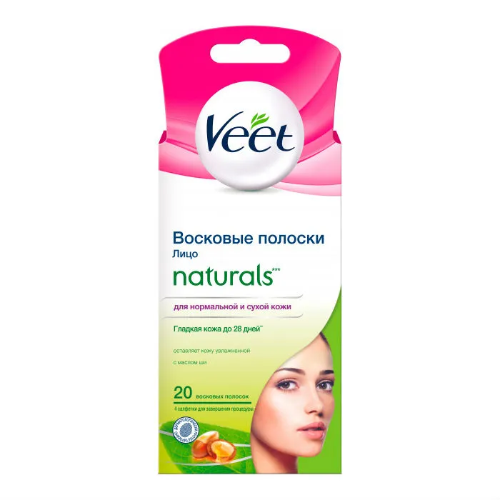 Veet Naturals полоски восковые для лица с маслом ши, полоски восковые, 20 шт.