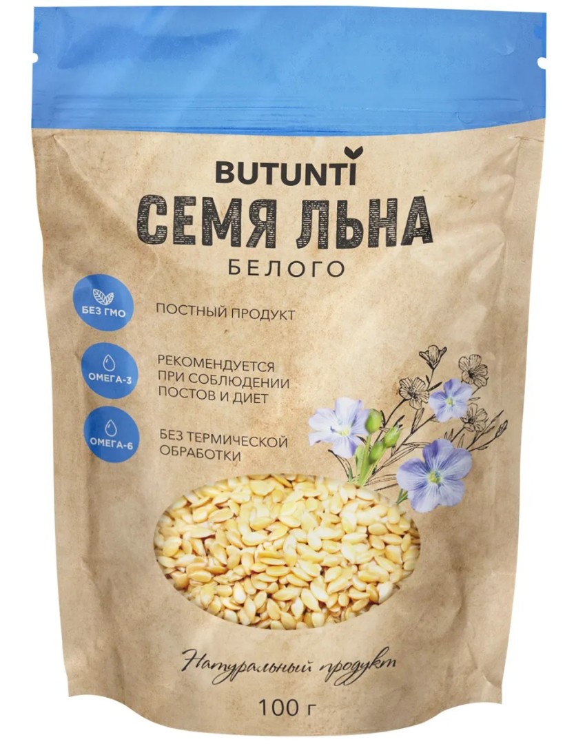 Butunti Семя льна белого, семена цельные, 100 г, 1 шт.