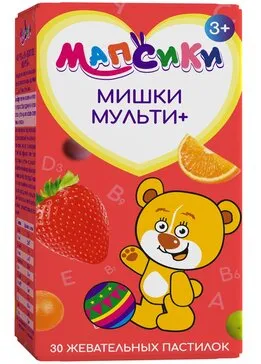 Мапсики Мишки Мульти плюс, для детей с 3х лет, пастилки жевательные, клубника виноград апельсин, 30 шт.