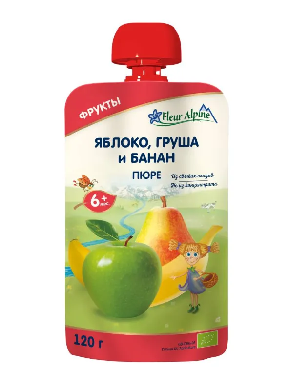 Fleur Alpine Органик Пюре яблоко-груша-банан, для детей с 6 месяцев, пюре, 120 г, 1 шт.