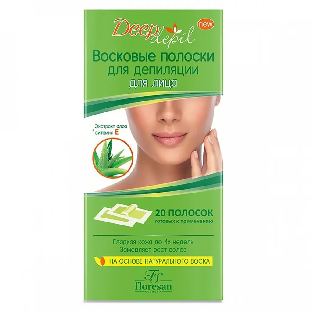 Floresan Deep Depil восковые полоски для депиляции лица, полоски восковые, с алоэ вера, 20 шт.