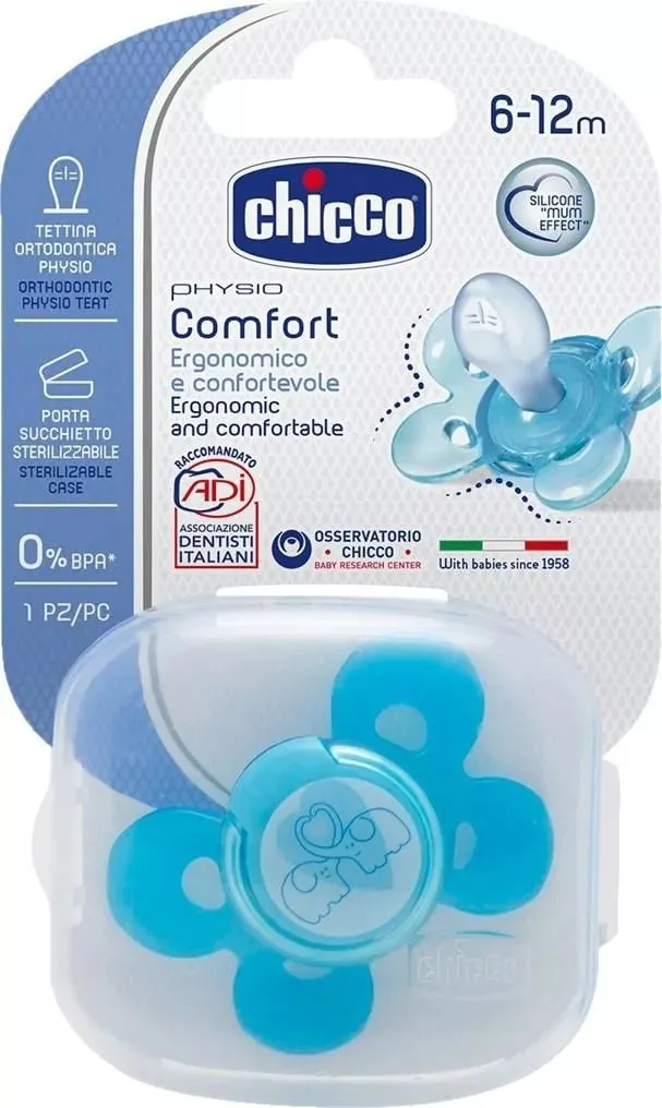 Chicco Physio Comfort Пустышка силиконовая слоники, 6-12 месяцев, 1 шт.