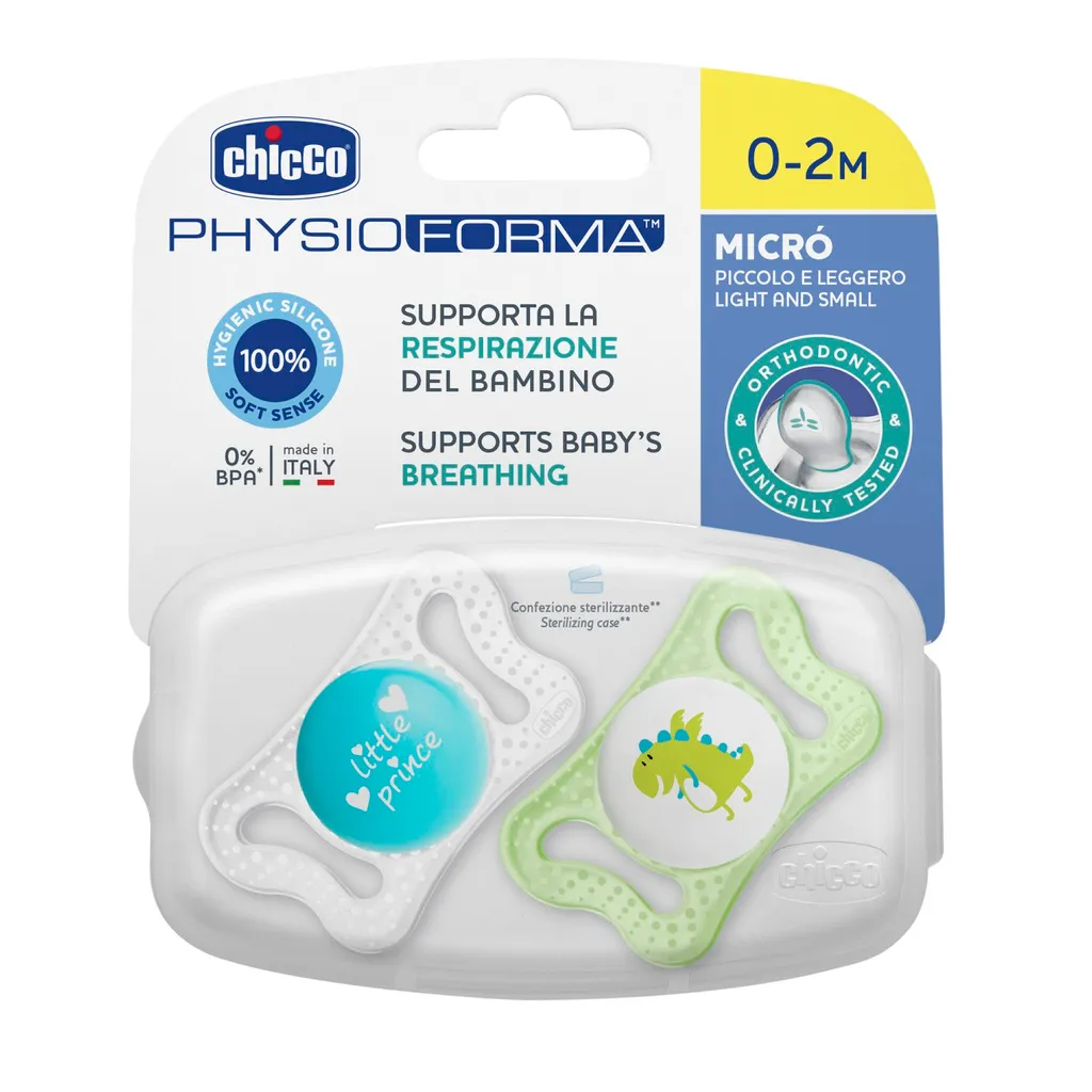 Chicco Physio Micro Пустышка силиконовая ортодонтическая, 0-2 месяца, голубого цвета, 2 шт.