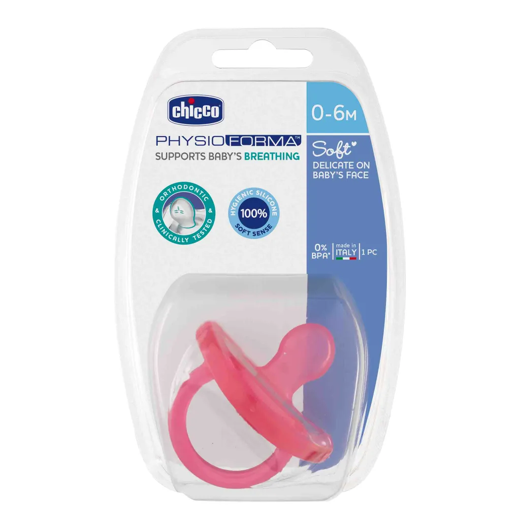 Chicco Physio Soft Пустышка силиконовая ортодонтическая 0-6 мес, розового цвета, 1 шт.