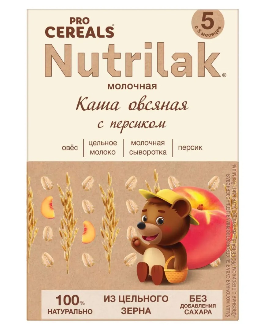 Nutrilak Premium Procereals Каша Овсяная цельнозерновая, для детей с 5 месяцев, каша детская молочная, с персиком, 200 г, 1 шт.